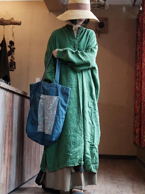 Women Autumn Vintage Green O-Neck Linen Robe Dress