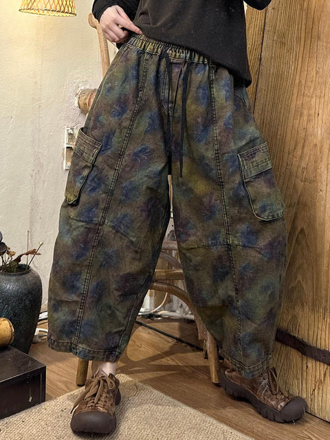 Women Autumn Retro Flower Denim Spliced Harem Pants