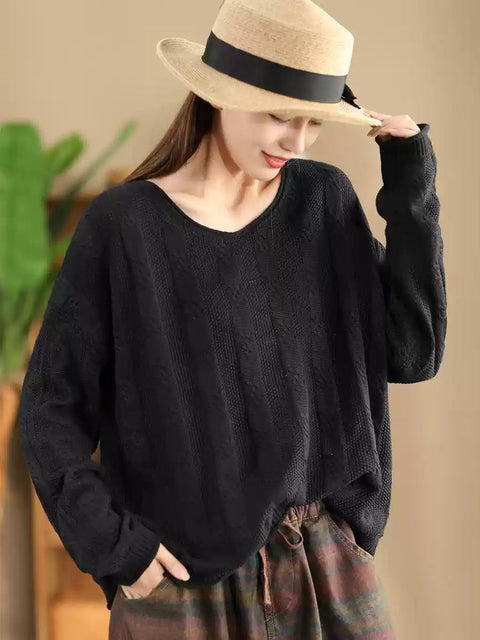 Women Artsy Autumn Cotton V-Neck Knit Sweater