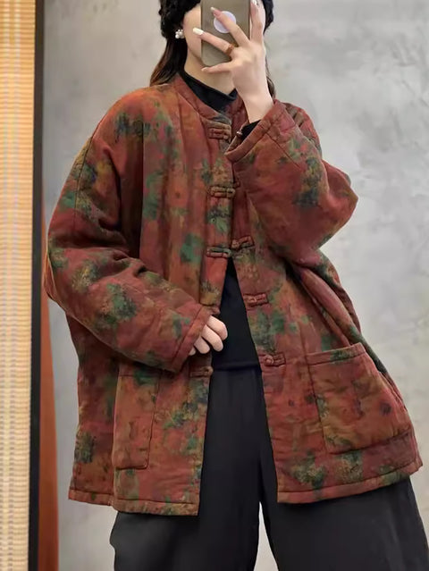 Women Autumn Vintage Flower Cotton O-Neck Coat