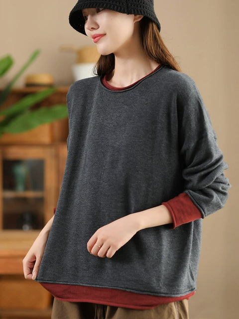 Women Casual Autumn Colorblock O-Neck Blouse