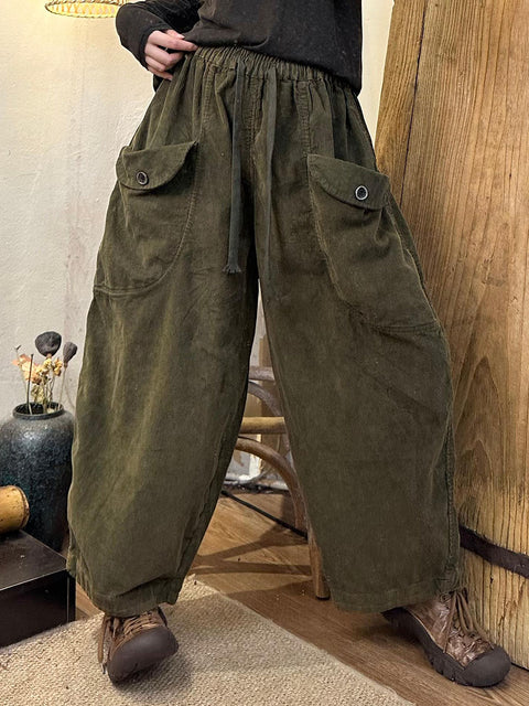 Women Autumn Retro Corduroy Pocket Harem Pants