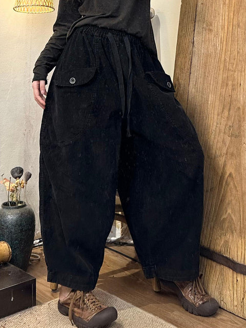 Women Autumn Retro Corduroy Pocket Harem Pants