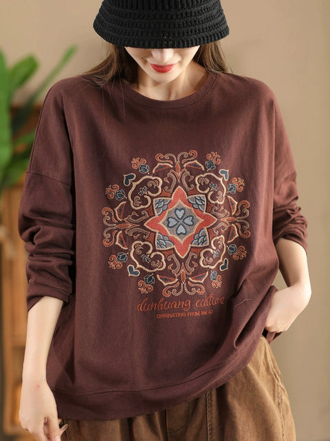 Women Autumn Flower Embroidery O-Neck Cotton Sweatshirt