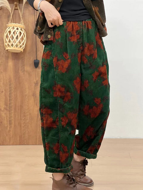 Women Autumn Retro Corduroy Flower Harem Pants