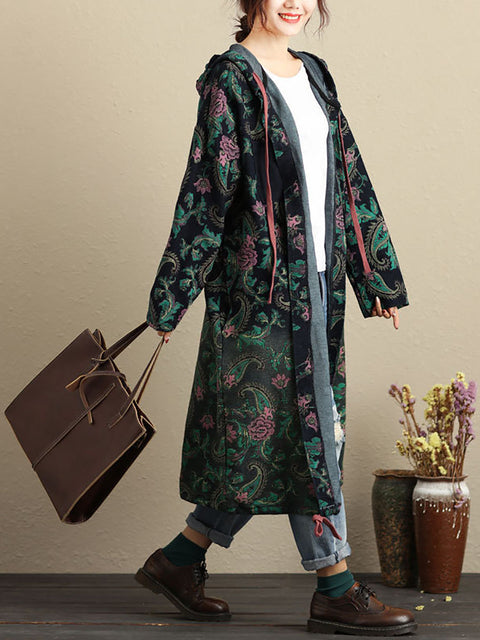 Women Autumn Vintage Flower Hooded Pocket Cotton Coat