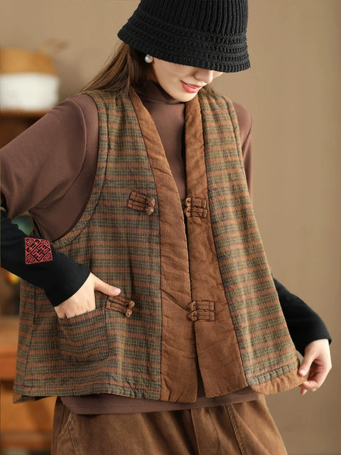 Women Ethnic Plaid Colorblock V-Neck Cotton Vest Coat