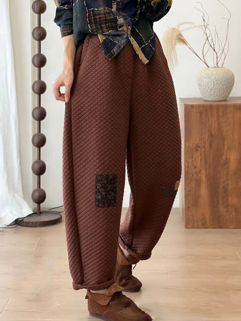 Women Autumn Retro Lattice Patch Thick Cotton Pants