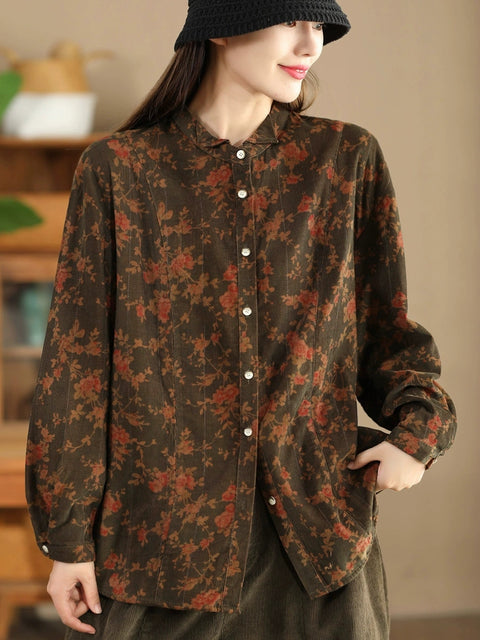 Women Retro Autumn Flower Turn-down Collar Corduroy Shirt