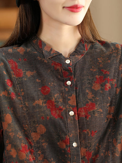 Women Retro Autumn Flower Turn-down Collar Corduroy Shirt