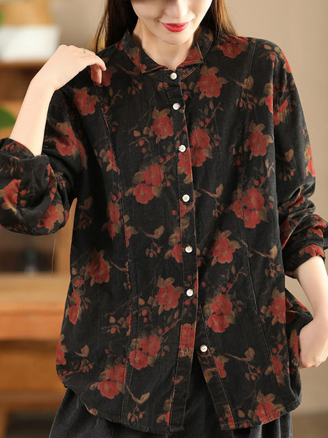 Women Retro Autumn Flower Turn-down Collar Corduroy Shirt