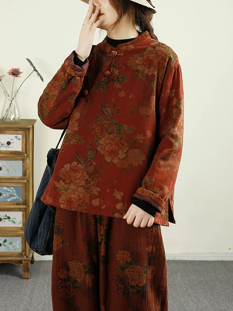 Women Ethnic Autumn Flower Buckle Cotton Stand Collar Coat