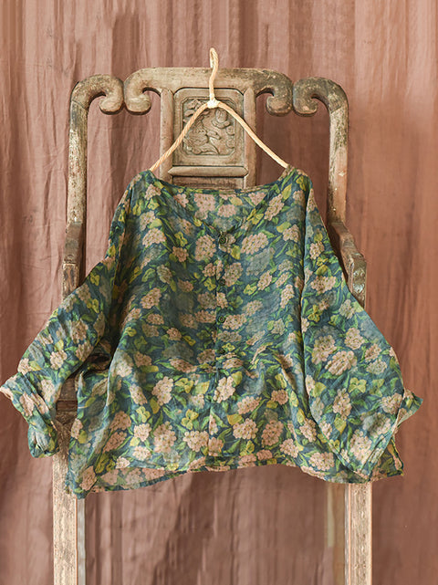 Women Autumn Artsy Floral Ramie Button-up Blouse