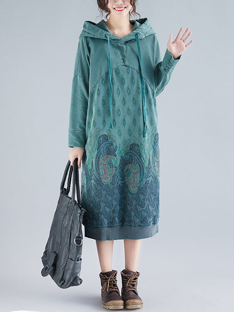 Women Ethnic Autumn Print Hooded Dress