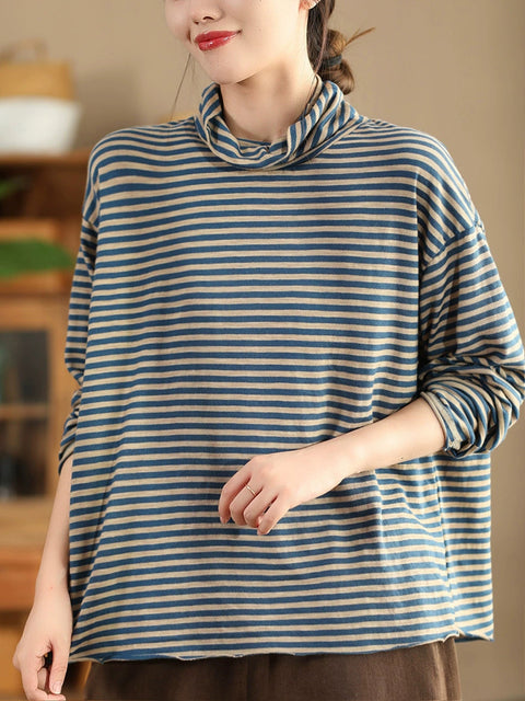 Women Autumn Casual Stripe Turtleneck Cotton Blouse