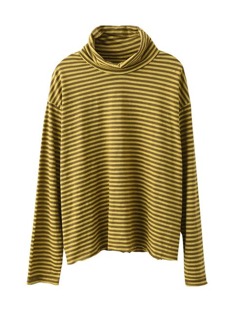 Women Autumn Casual Stripe Turtleneck Cotton Blouse