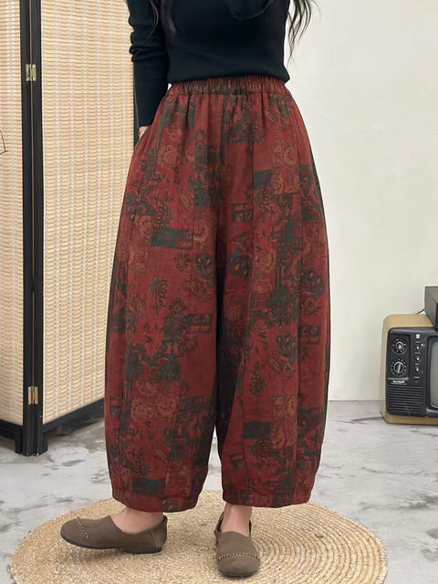 Women Autumn Retro Flower Spliced Loose Harem Pants