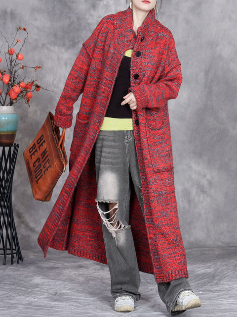 Women Autumn Artsy Solid Stand Collar Knit Cardigan Coat