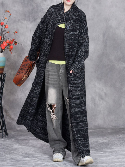 Women Autumn Artsy Solid Stand Collar Knit Cardigan Coat