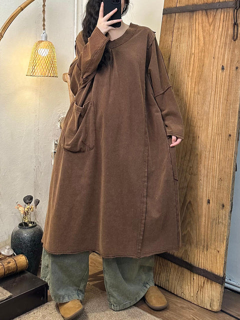 Women Vintage Autumn Solid Cotton V-Neck Spliced  Robe Dress