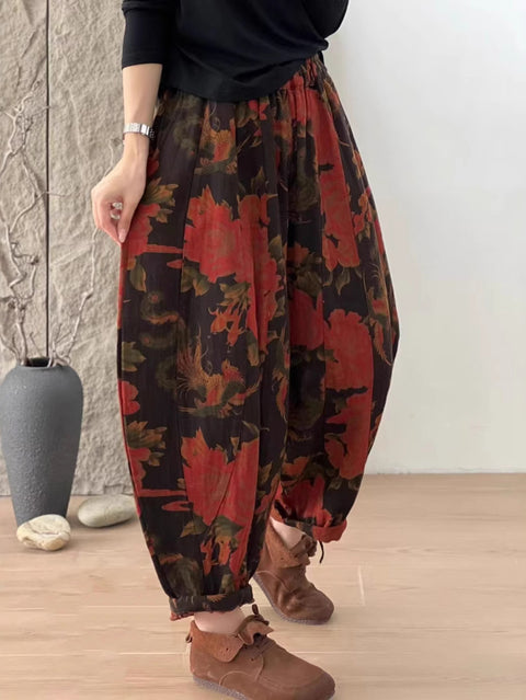 Women Autumn Retro Flower Spliced Loose Harem Pants