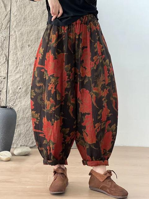 Women Autumn Retro Flower Spliced Loose Harem Pants