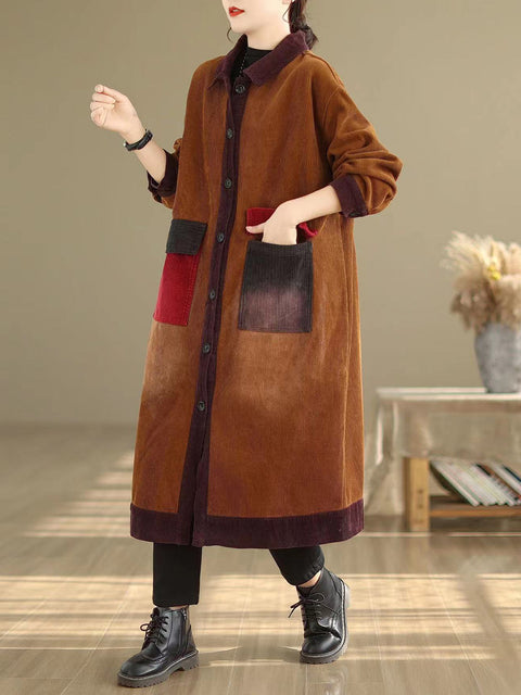 Women Autumn Vintage Colorblock Corduroy Turn-down Collar Coat