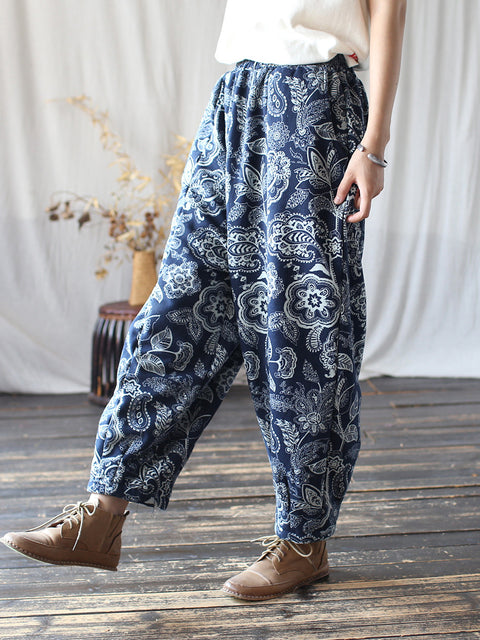 Women Ethnic Autumn Flower Spliced Cotton Harem Pants