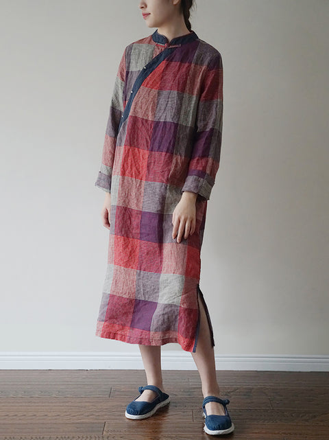 Women Vintage Autumn Plaid Slant Clouse Linen Robe Dress