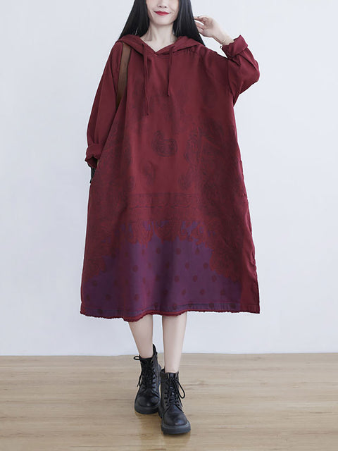 Women Ethnic Autumn Dot Flower Hooded Cotton Dress