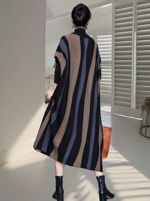 Women Autumn Artsy Colorblock Stripe Knitted Dress