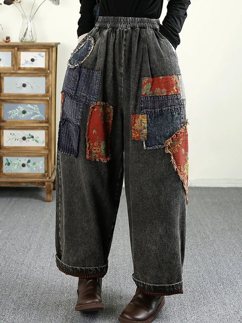 Women Autumn Retro Patch Spliced Denim Harem Pants