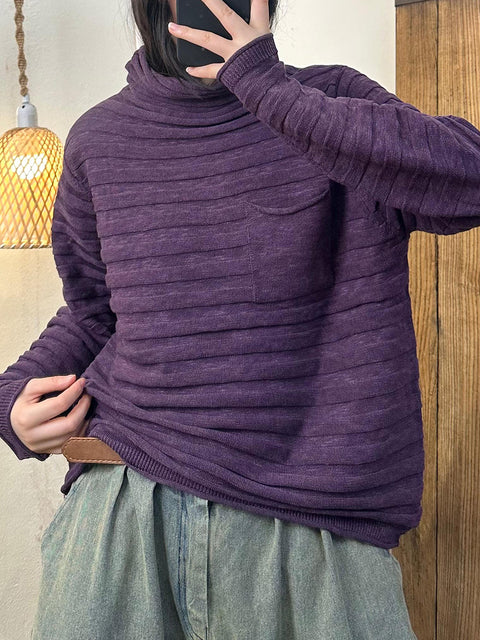 Women Vintage Autumn Solid Stripe Turleneck Knit Sweater