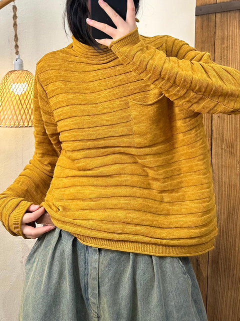 Women Vintage Autumn Solid Stripe Turleneck Knit Sweater