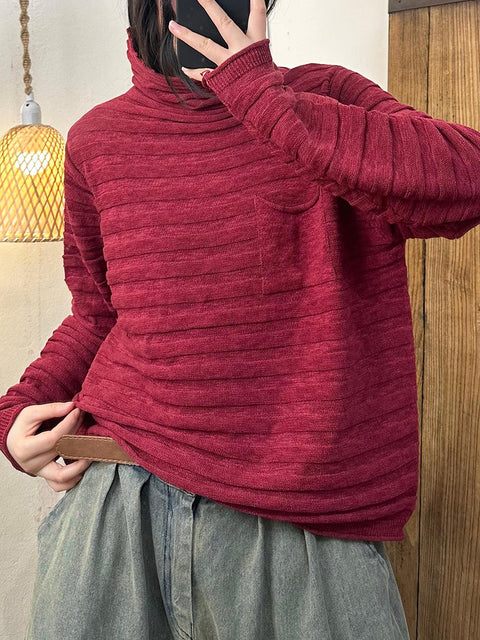 Women Vintage Autumn Solid Stripe Turleneck Knit Sweater