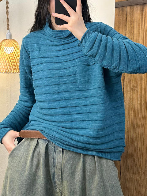 Women Vintage Autumn Solid Stripe Turleneck Knit Sweater