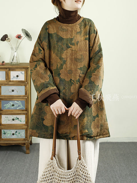 Women Autumn Vintage Flower O-Neck Linen Padded Coat