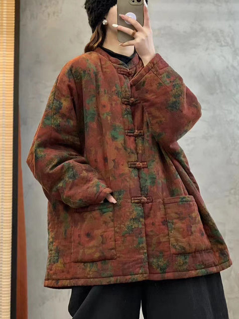 Women Autumn Vintage O-Neck Flower Cotton Coat