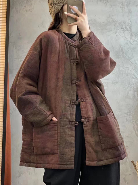 Women Autumn Vintage O-Neck Flower Cotton Coat