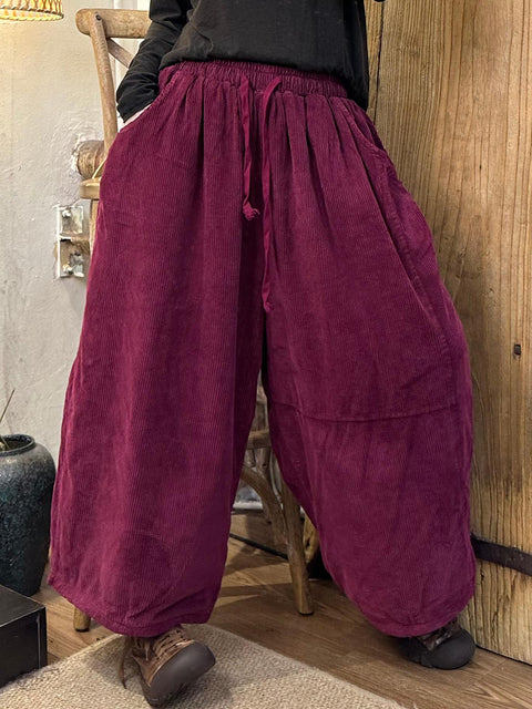 Women Autumn Vintage Solid Corduroy Wide Leg Pants