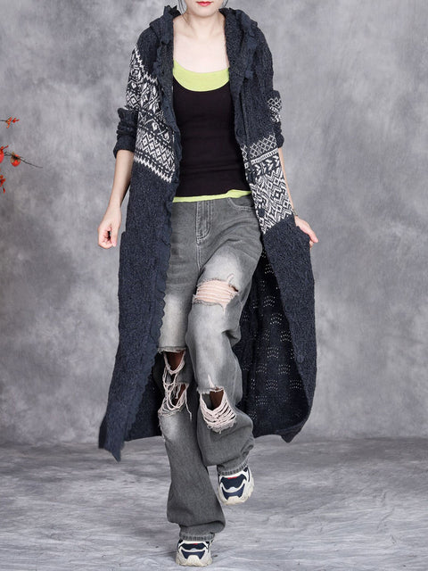 Women Autumn Artsy Hollow Out Knit Cardigan Hooded Coat