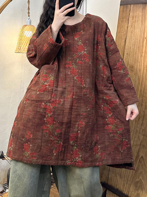 Women Autumn Vintage O-Neck Flower Cotton Coat