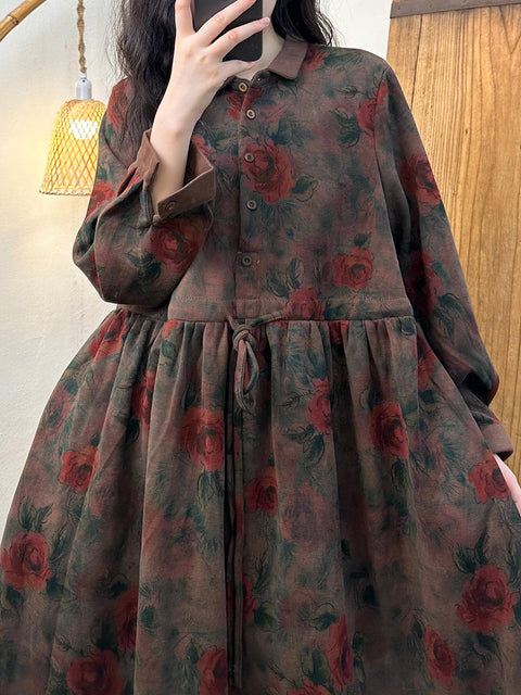 Women Vintage Autumn Flower Turn-down Collar Dress