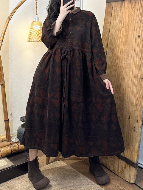 Women Vintage Autumn Flower Cotton Turn-down Collar Dress