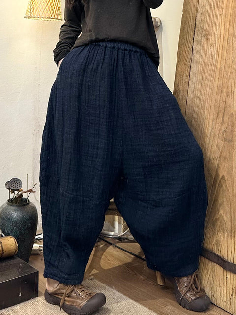 Women Autumn Vintage Solid Linen Harem Pants