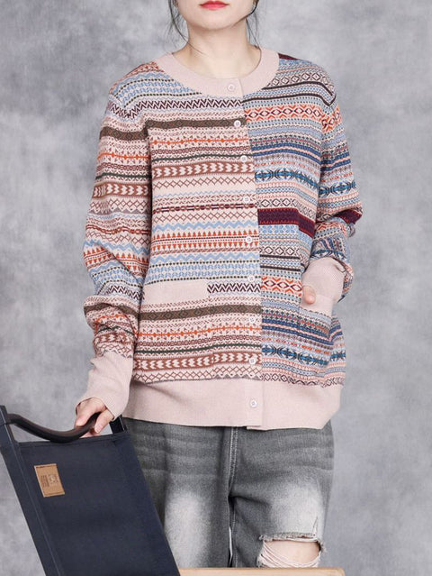 Women Autumn Artsy Stripe Knit O-Neck Wool Sweater