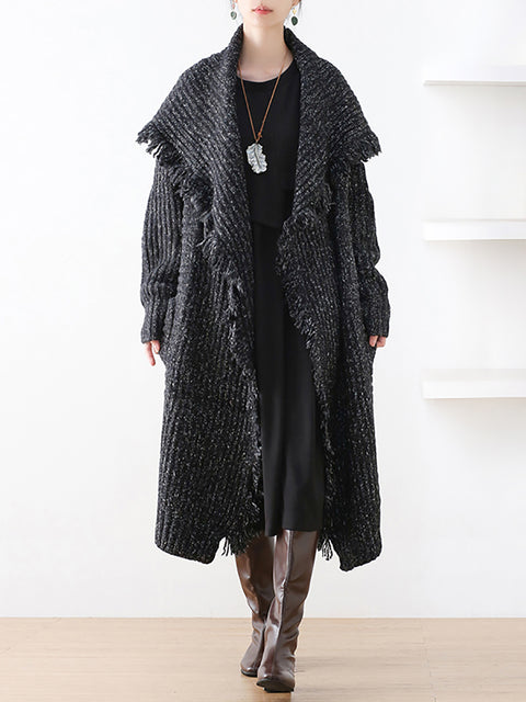 Women Autumn Artsy Tassel Shawl Collar Wool Sweater Coat