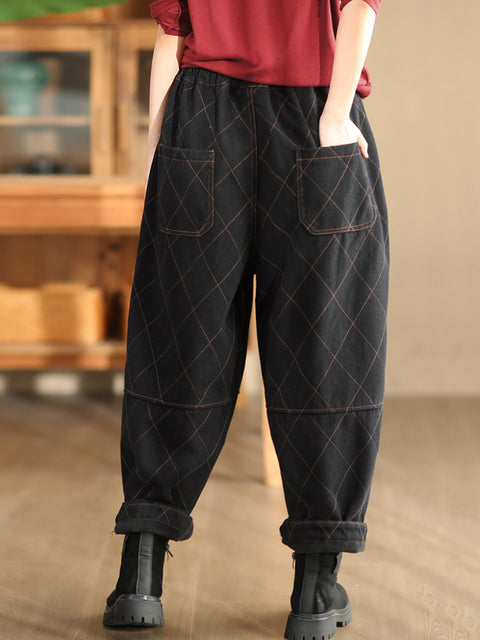 Women Autumn Vintage Solid Rhomboid Cotton Harem Pants