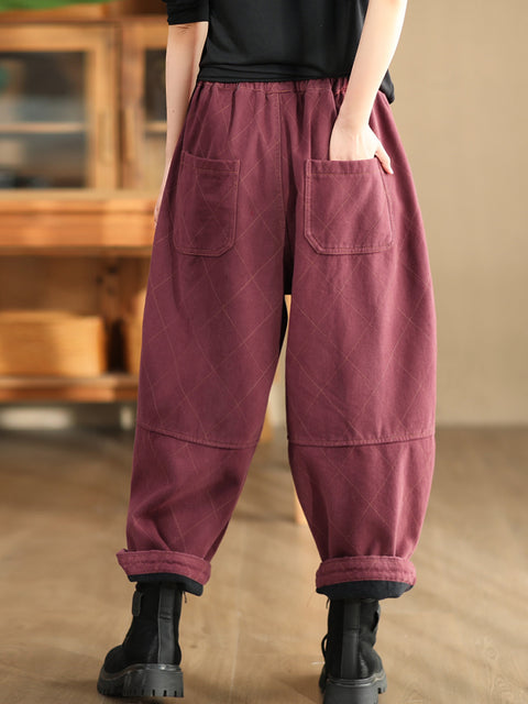 Women Autumn Vintage Solid Rhomboid Cotton Harem Pants