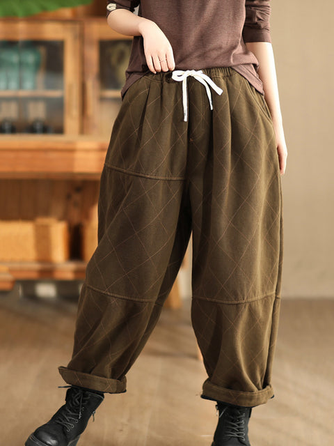 Women Autumn Vintage Solid Rhomboid Cotton Harem Pants